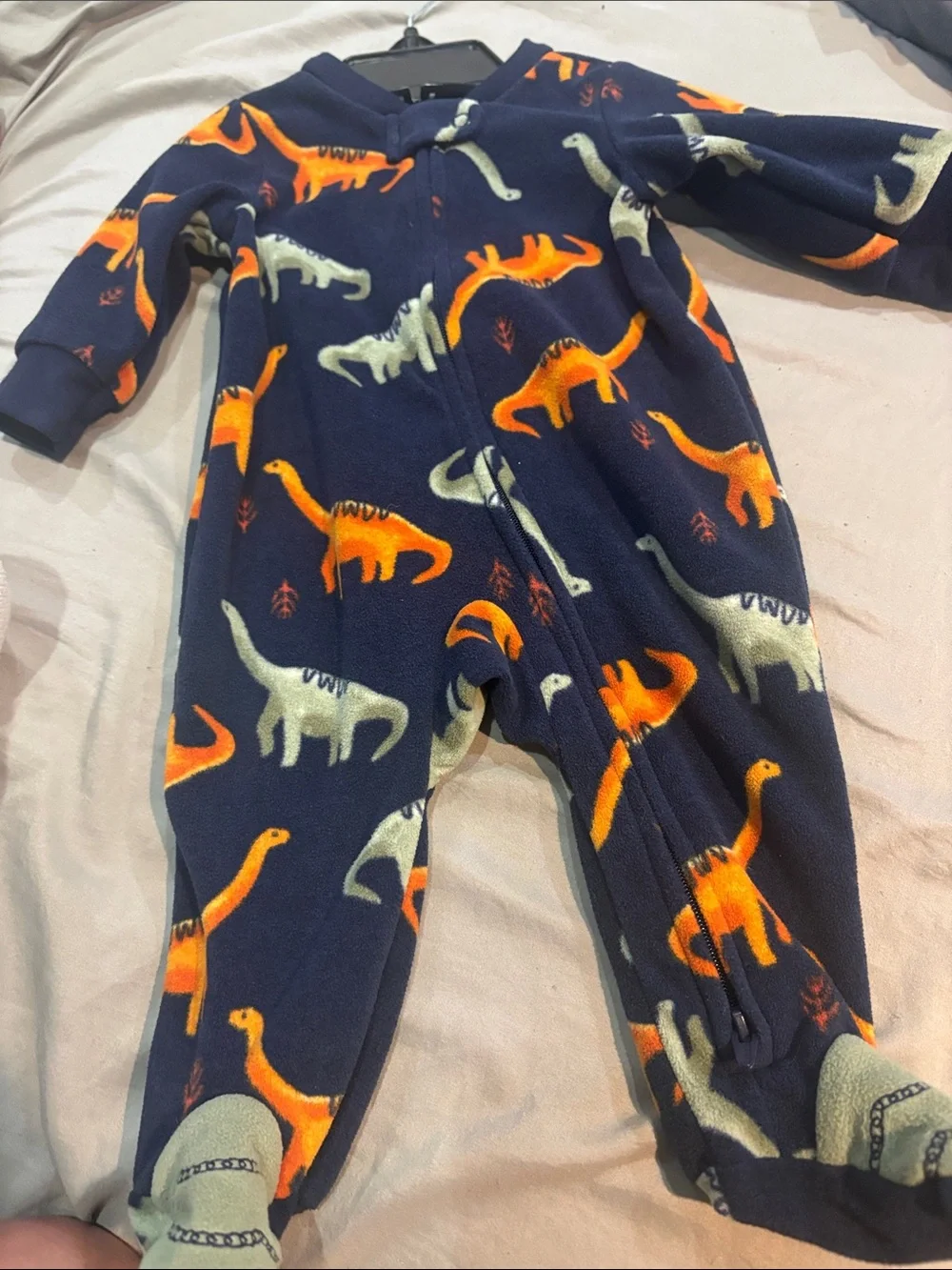 Carter's Navy Blue Fleece Dinosaur Footie with Orange & Cream Dinosaurs